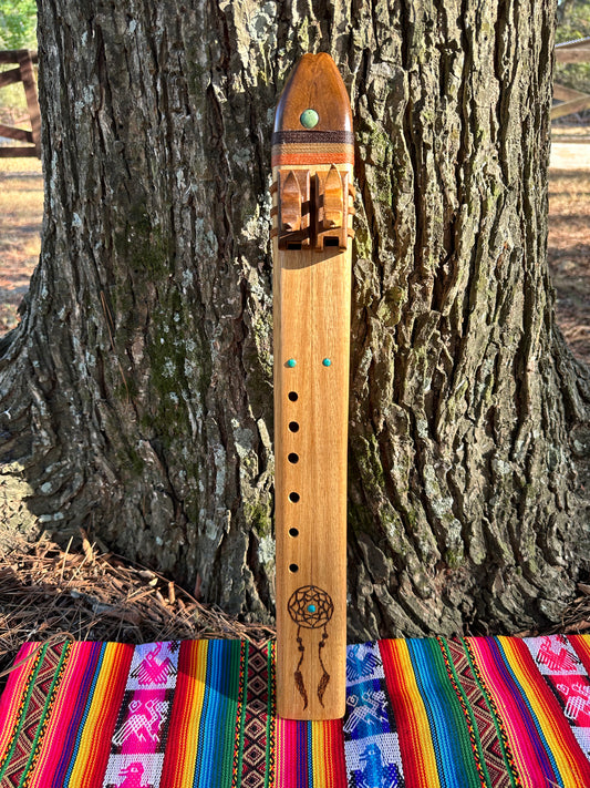 Dreamcatcher Cherry Wood Native American Style Drone Flute, Wolf   - IN STOCK, Key of G 432HZ
